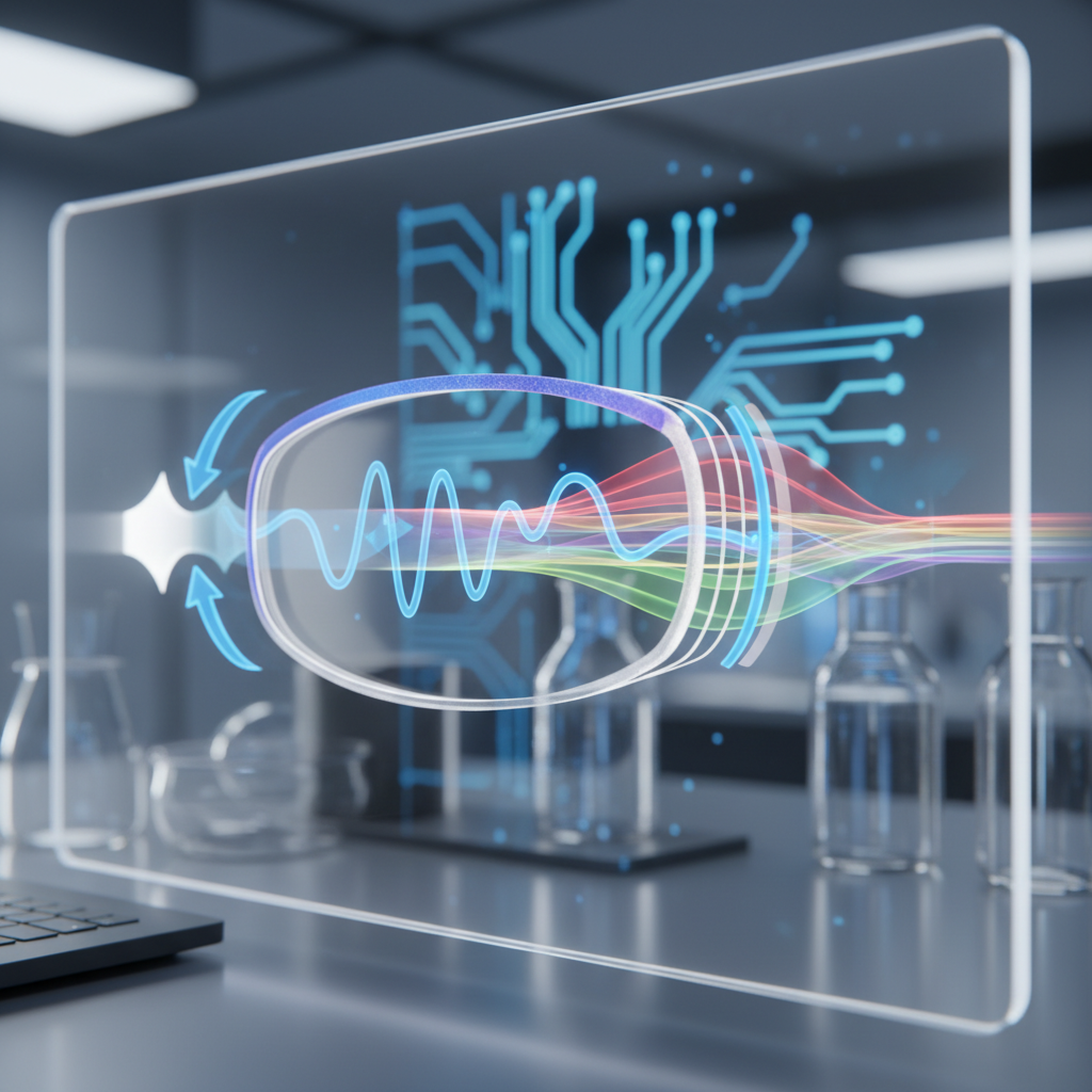 A technical visualization showing a cross-section of a high-performance blue light lens. A beam of blue light (400-450nm) is partially reflected and absorbed by the lens, while warmer, longer wavelengths pass through clearly to a digital screen in the background.