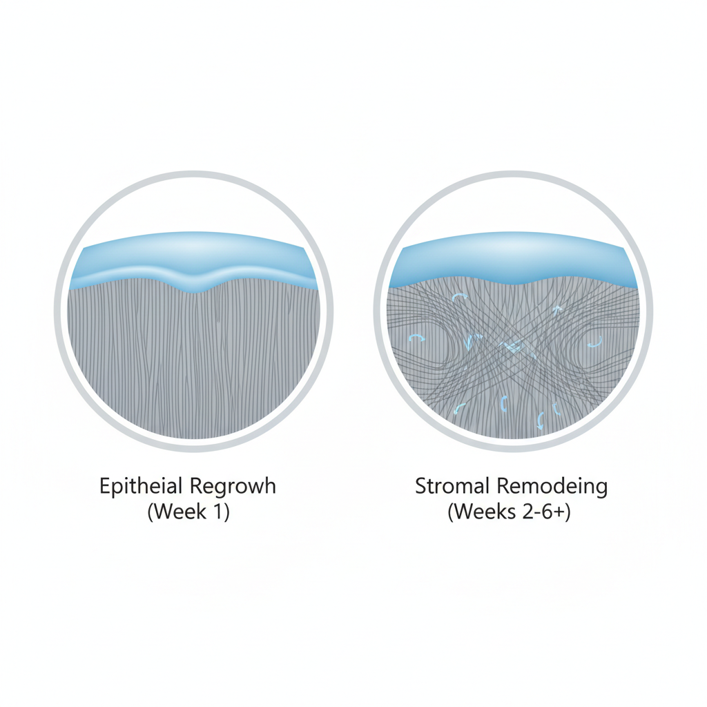 A medical diagram showing the stages of corneal healing after PRK, with Stage 1 for epithelial regrowth and Stage 2 for stromal remodeling.