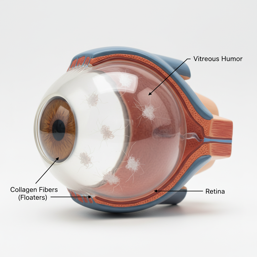 A clear, simplified medical diagram showing the inside of the human eye. The diagram highlights the large, gel-filled area called the vitreous humor, with small, shadowy collagen fibers floating within it, labeled as "Floaters".