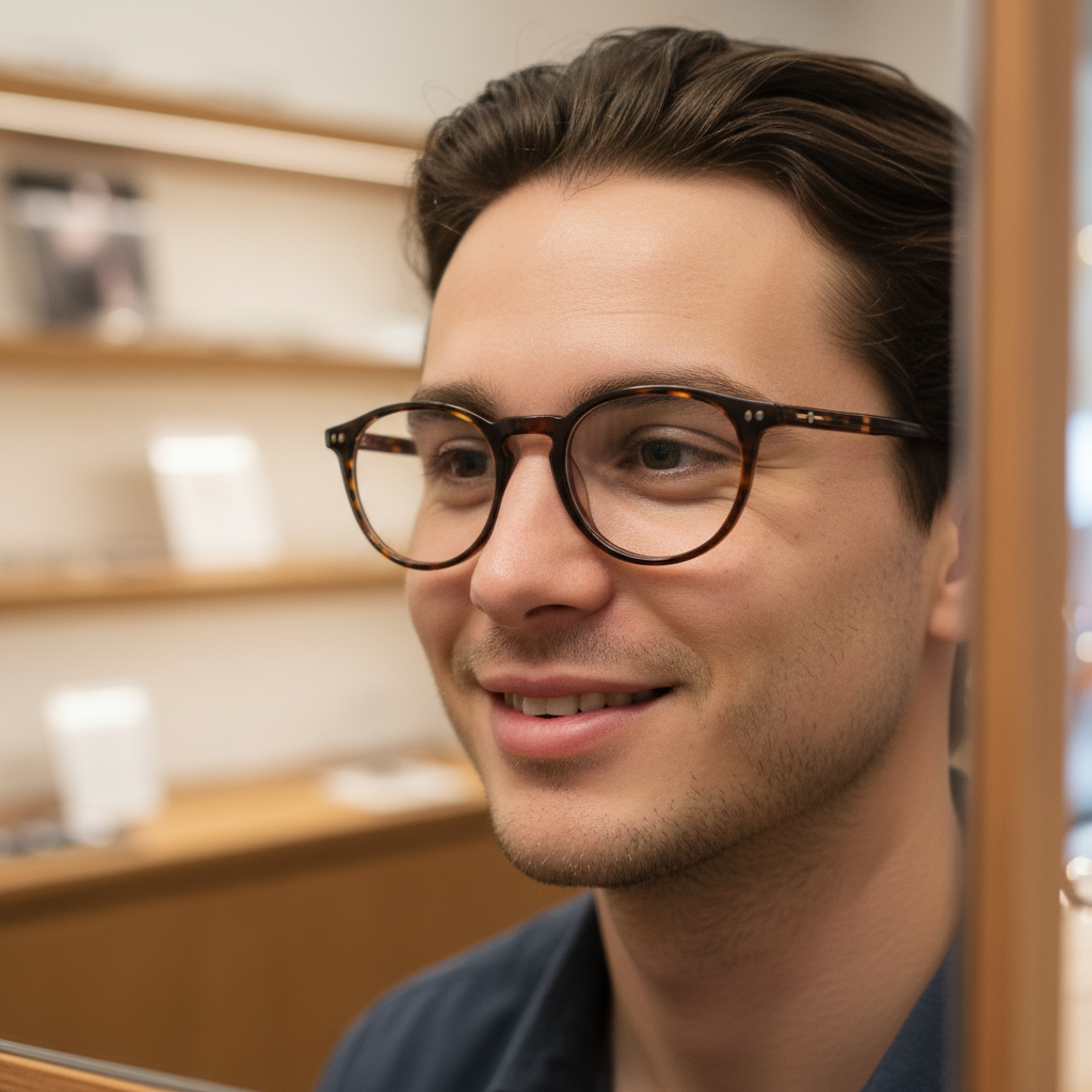 A person with a high prescription trying on smaller, rounded frames that complement their features and minimize lens thickness.