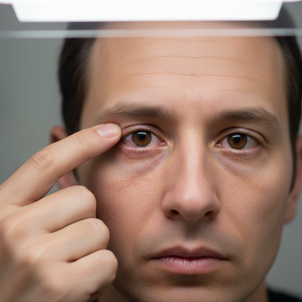 A person looking into a bathroom mirror, gently pulling down their lower eyelid to reveal a visibly red and irritated eye, illustrating a key warning sign for contact lens wearers. The lighting is bright and clean, focusing on the clinical nature of the self-examination.