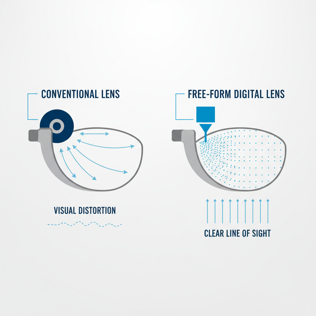 A diagram comparing a conventional lens to a free-form digital lens. The conventional lens shows a single curve on the back, leading to distortion at the edges. The free-form lens shows a complex, multi-point surface on the back, resulting in clear vision from edge to edge.