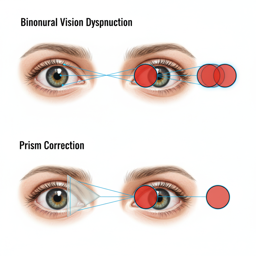 A diagram comparing normal vision to Binocular Vision Dysfunction (BVD) and how a prism lens corrects it.