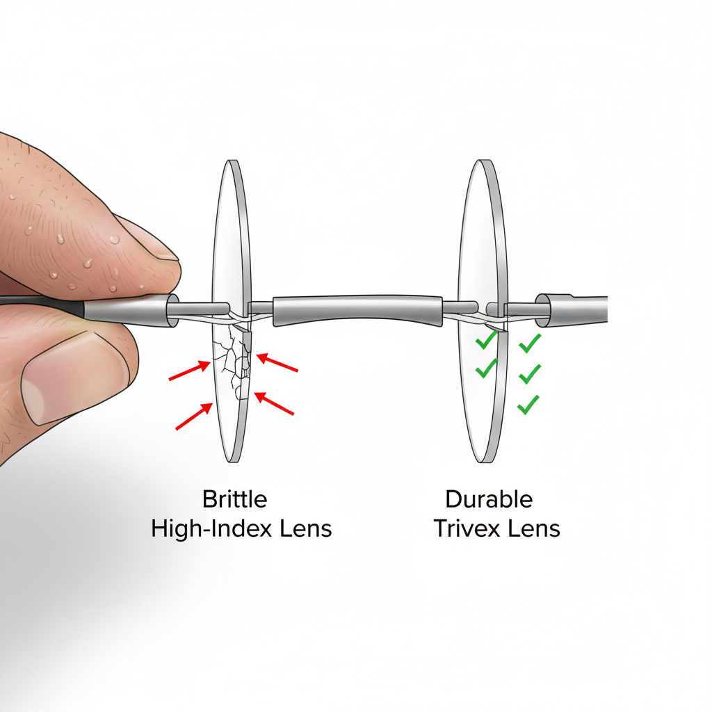 An infographic diagram comparing a cracked high-index lens to a durable Trivex lens in a semi-rimless frame, showing the stress points from the nylon wire.