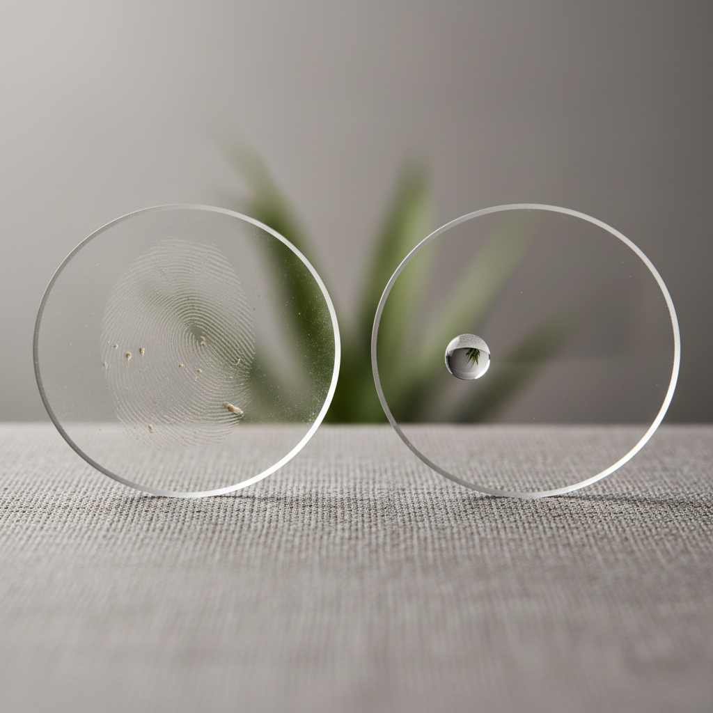 Two eyeglass lenses are shown side-by-side for comparison. The lens on the left is heavily smudged with fingerprints and looks hazy. The lens on the right is perfectly clear, with a single, pristine water droplet beading up on the surface, showcasing the effectiveness of the coating.