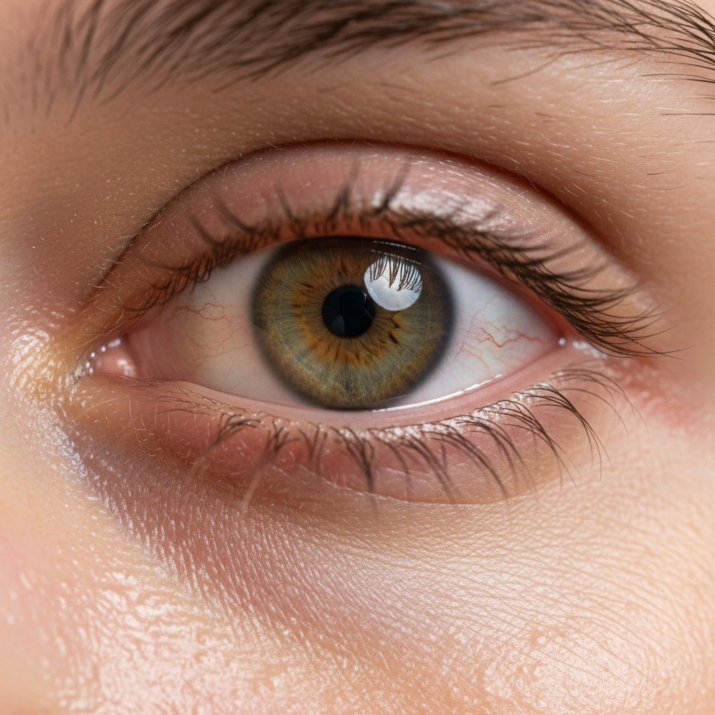 A close-up, clinical-style image of a person's eye that is slightly red and watery, clearly showing signs of irritation or a mild infection.