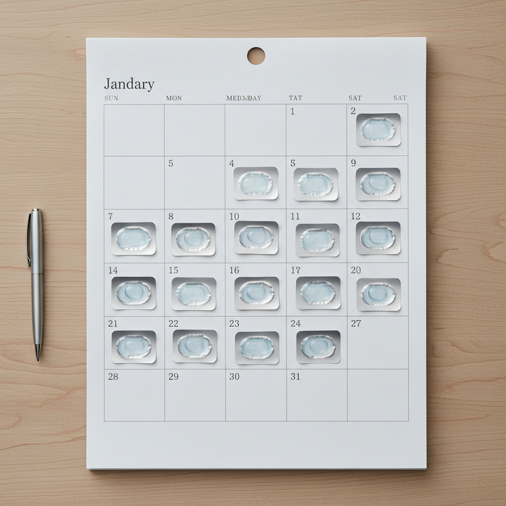 A calendar with daily disposable contact lens blister packs arranged for each day, emphasizing the one-a-day routine.