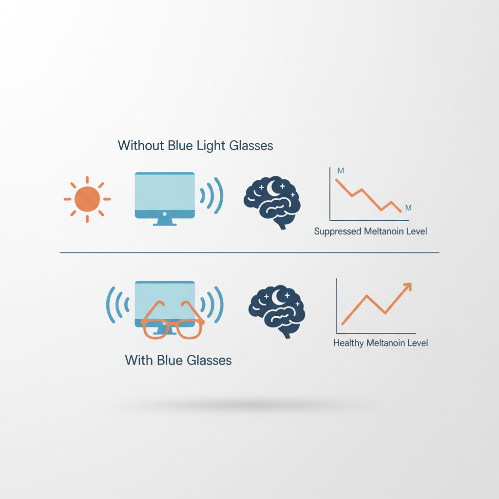 A diagram showing how blue light from screens at night can suppress melatonin, while blue light blocking glasses help maintain a natural sleep cycle.