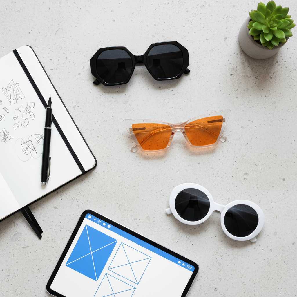 A top-down view of a minimalist architect's desk with a variety of bold, geometric sunglasses frames laid out next to a sketchbook and drafting tools.
