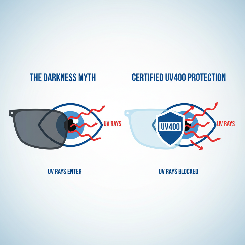 A diagram showing that a dark, non-UV lens allows the pupil to widen, letting in more harmful UV rays, while a certified UV400 lens blocks these rays regardless of tint.