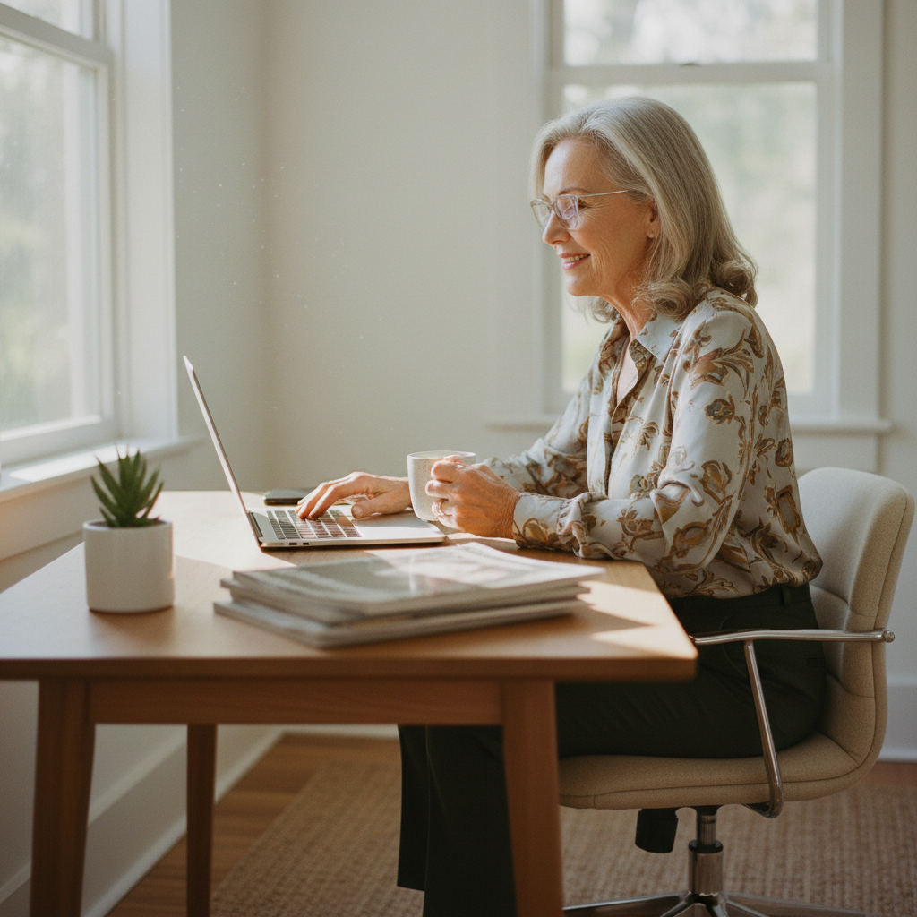 A pleasant-looking senior woman with stylish glasses, sitting at a desk and smiling while using a laptop. The scene is bright and comfortable, suggesting a positive experience with technology after eye surgery.