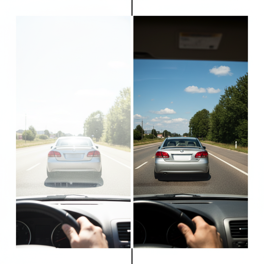 A side-by-side comparison showing a road scene with harsh, blinding glare on one side, and the same scene viewed through high-quality driving sunglasses with clear, crisp details on the other.