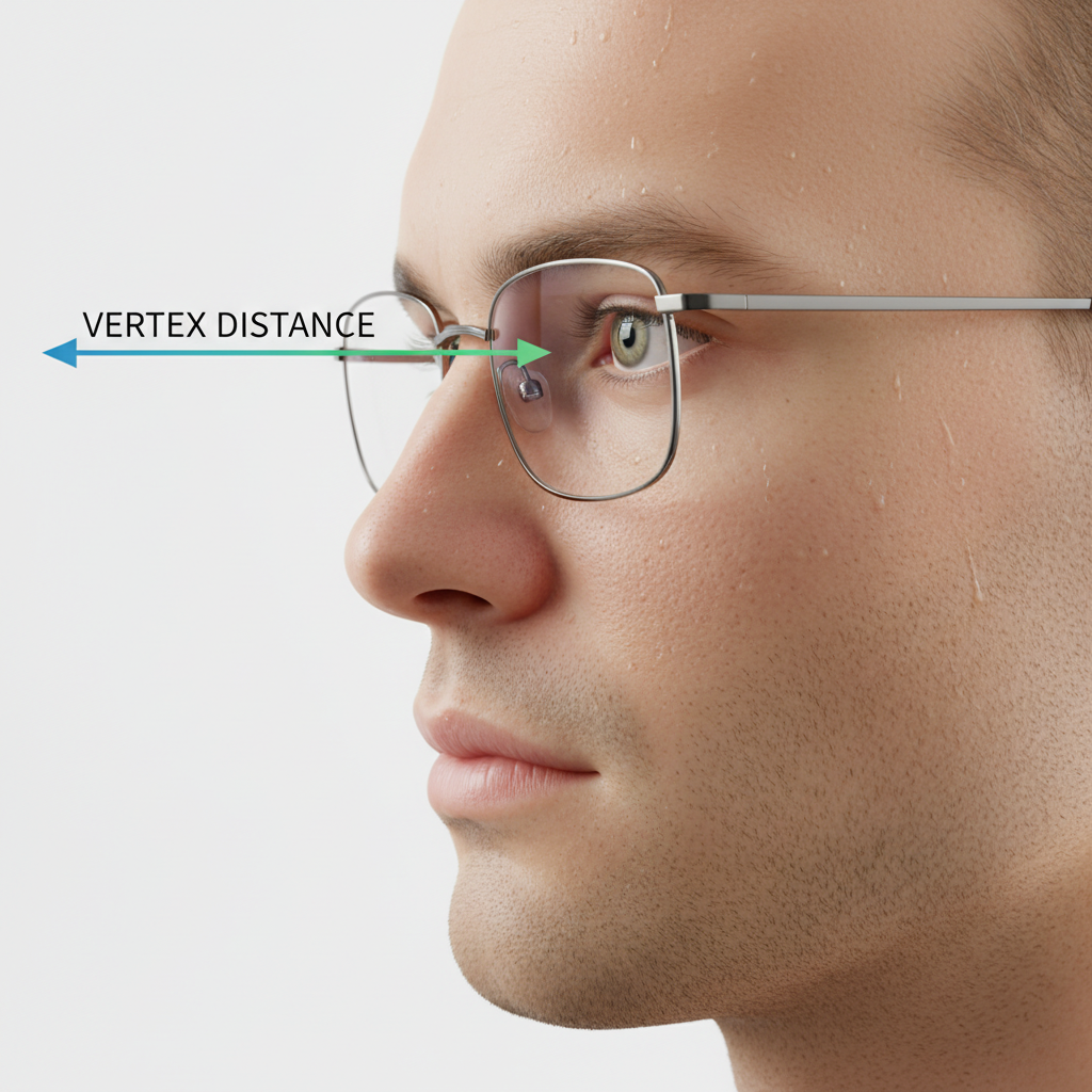 A side-profile diagram of a person's face wearing glasses, with arrows clearly marking the 'vertex distance' – the space between the back of the eyeglass lens and the front of the cornea.