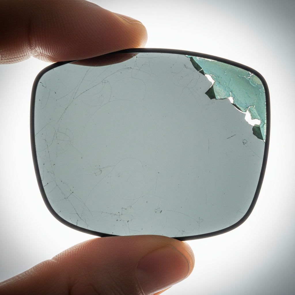 Close-up of a damaged sunglass lens showing micro-scratches and a peeling UV coating, illustrating signs of wear and tear.