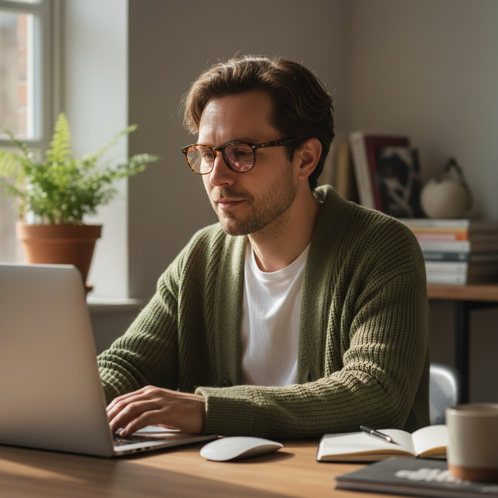 A person wearing stylish FL-41 tinted glasses working comfortably on a laptop in a brightly lit home office, looking relaxed and focused.