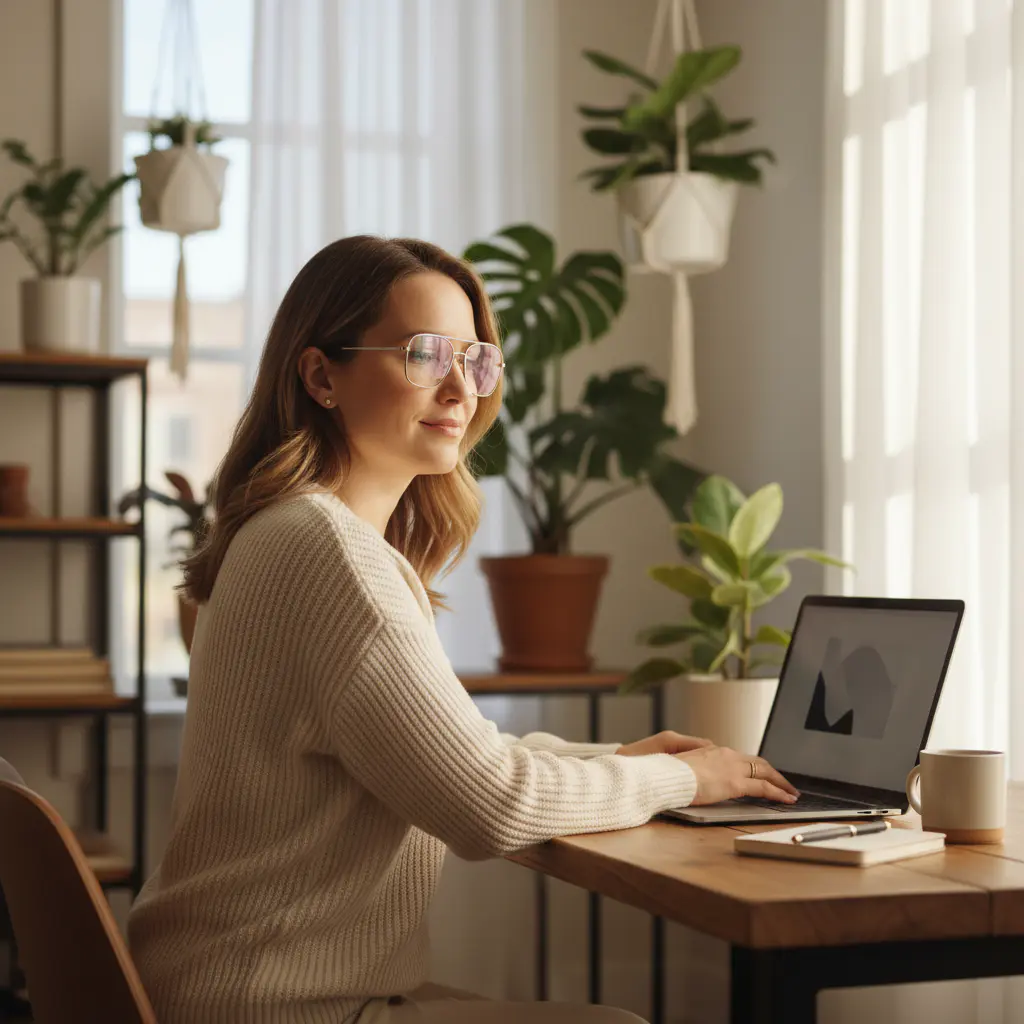 A professional in their late 40s wearing stylish progressive glasses, working comfortably on a laptop in a well-lit home office.