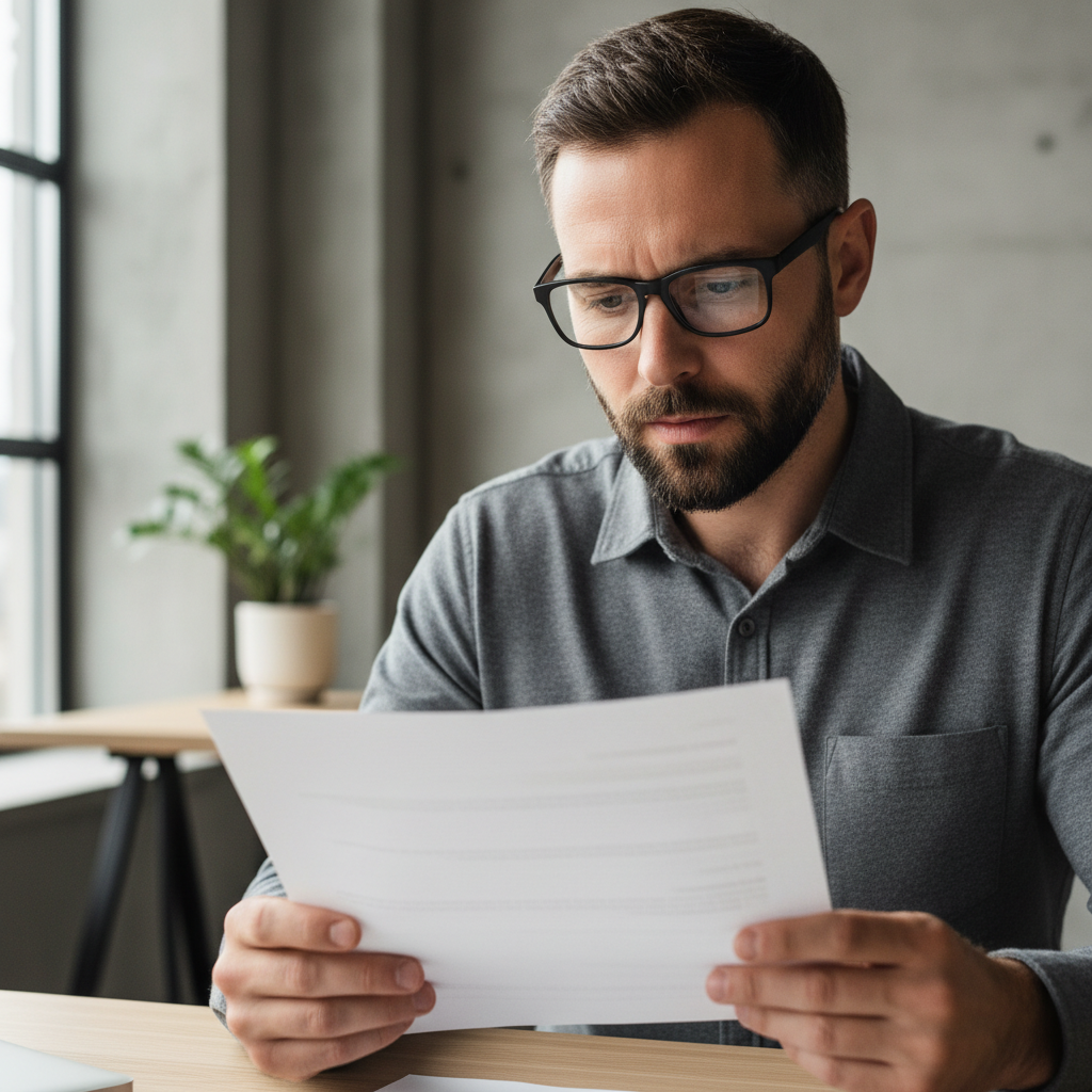 A professional man in a well-lit office, wearing sophisticated matte black glasses and looking thoughtfully at a document.