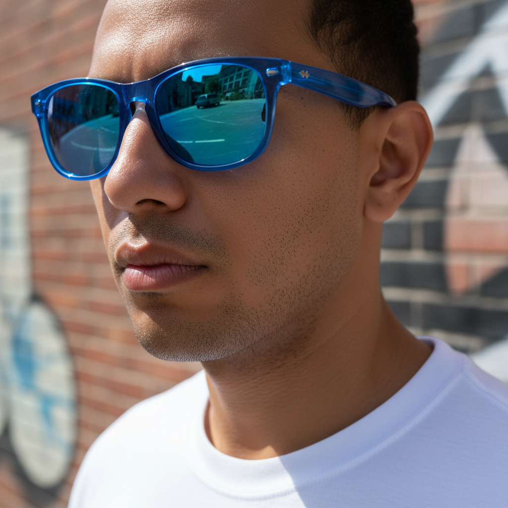 A person with a medium skin tone wearing bold, electric blue sunglasses. Their outfit is simple, allowing the vibrant frames to be the main fashion statement.