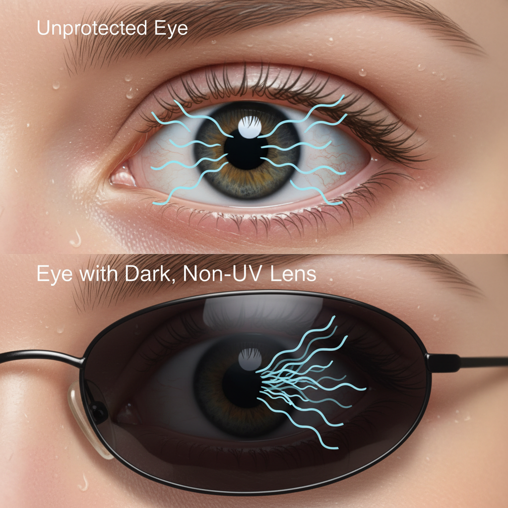 A diagram showing how a pupil dilates behind a dark, non-UV lens, allowing more UV rays in compared to no glasses, illustrating the 'Darkness Myth'.
