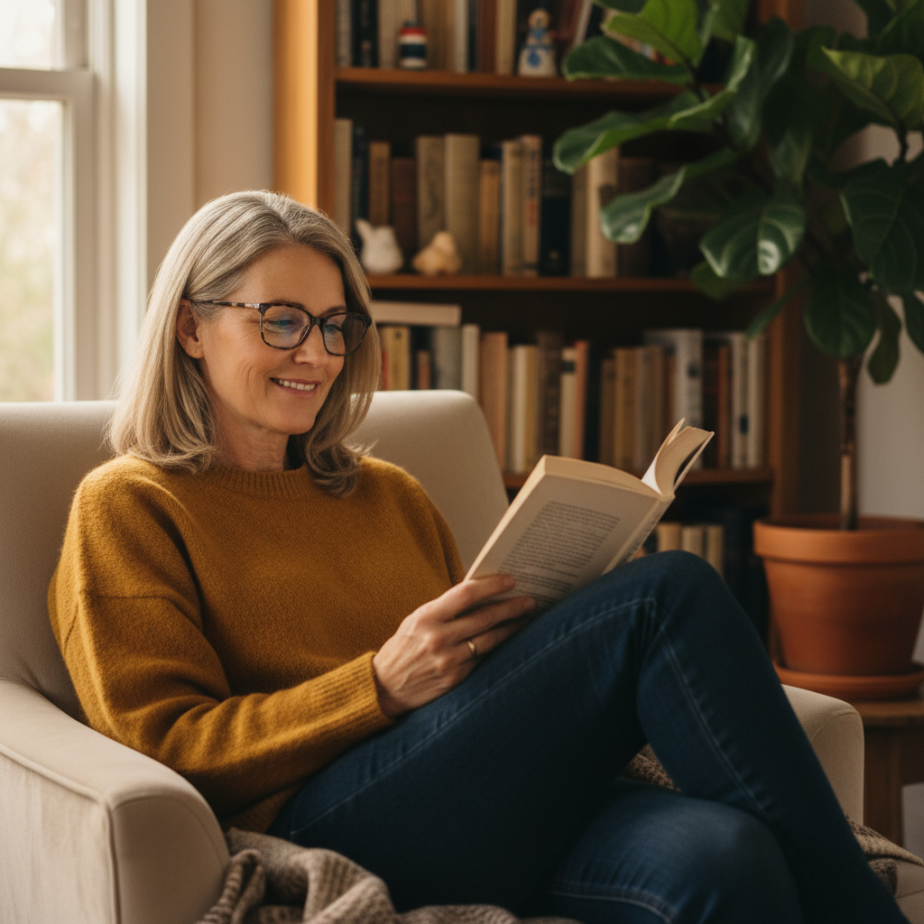 A woman in her 50s reading a book comfortably in a well-lit living room, wearing stylish reading glasses.