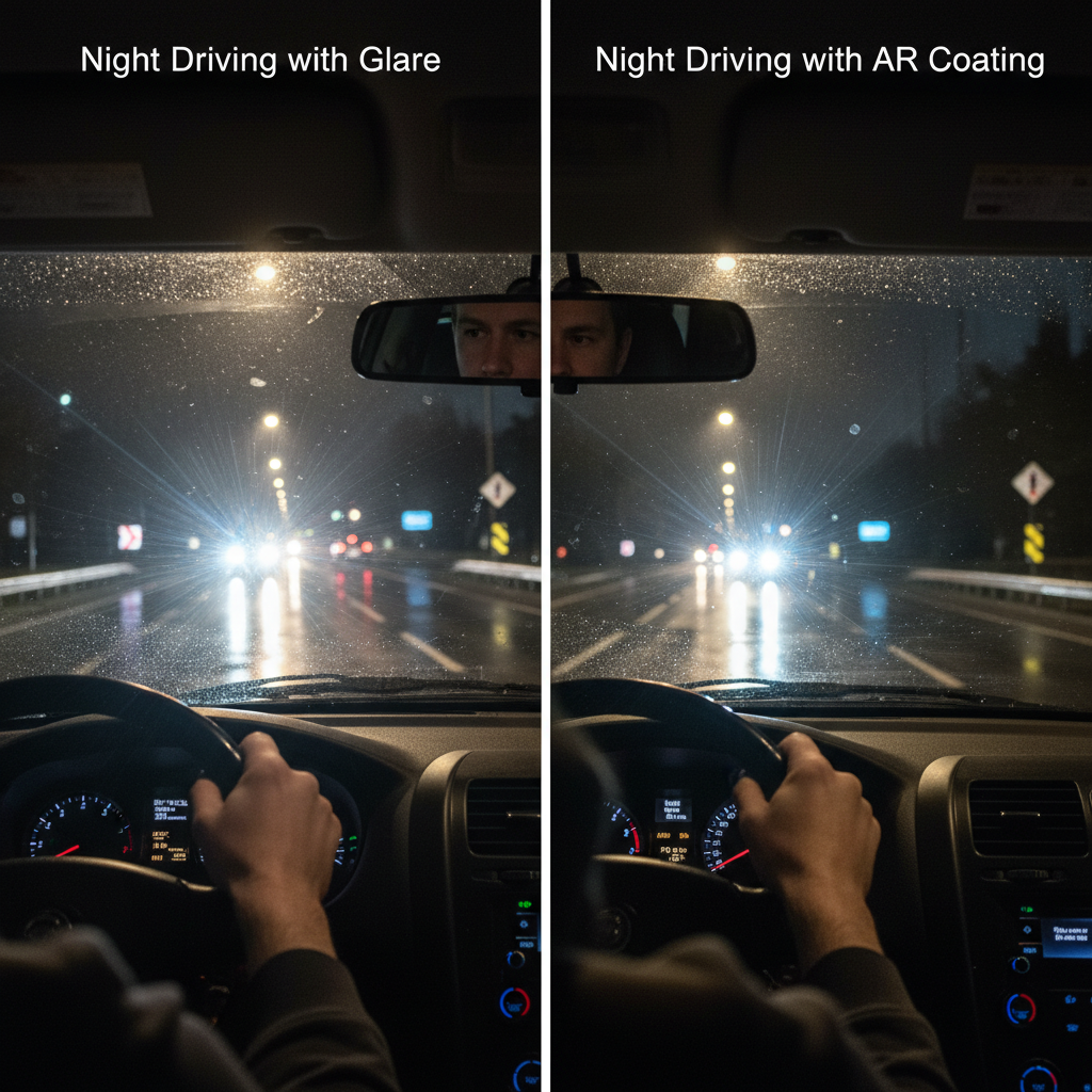 An AI-generated split-screen image showing a driver's perspective at night. The left side, labeled "Without AR Coating," is filled with blurry, distracting halos and starbursts from oncoming headlights. The right side, labeled "With AR Coating," shows the same scene with crisp, clear lights and a visible road ahead.
