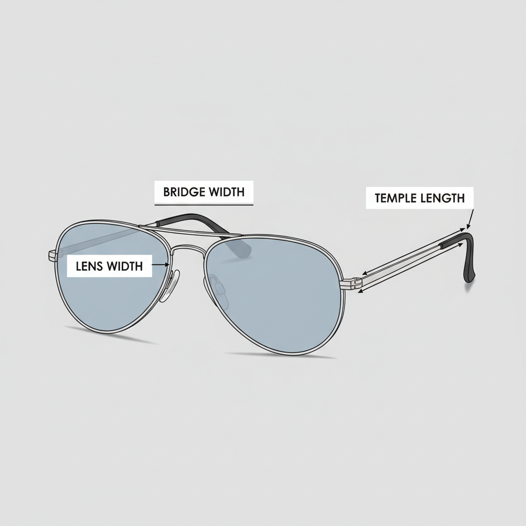 A diagram illustrating the key frame measurements on a pair of sunglasses: lens width, bridge width, and temple arm length.