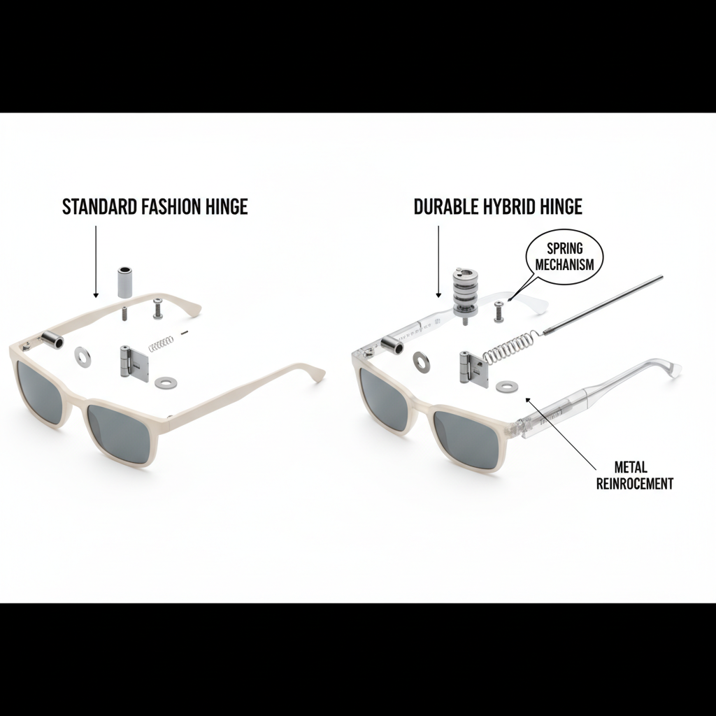 A diagram comparing a standard flimsy fashion sunglass hinge to a durable hybrid sunglass hinge with a metal core and spring.