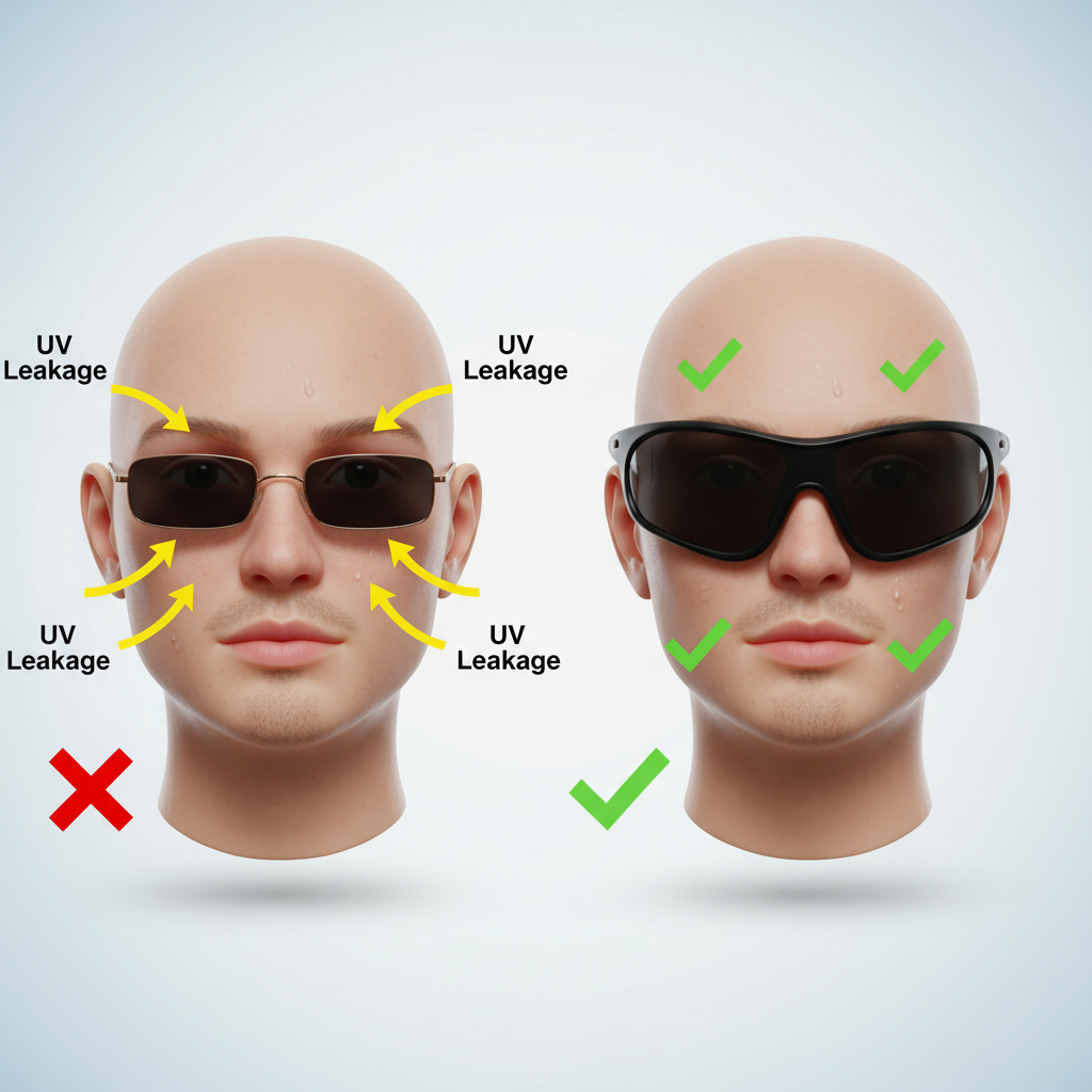 An illustration comparing two heads wearing sunglasses. The first shows a person with small, fashionable glasses, with arrows indicating UV light easily getting in from the sides and top. The second head shows a person with large, wraparound sunglasses that fit closely to the face, with arrows showing all UV light being blocked.