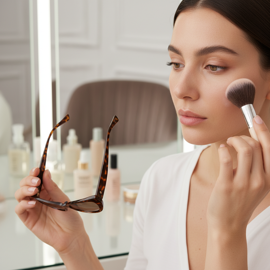 A woman with flawless makeup carefully applying translucent setting powder to the bridge of her nose with a small, fluffy brush before putting on her sunglasses.