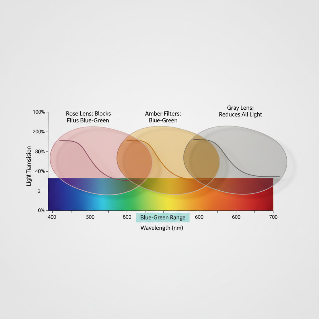 An infographic showing how different colored lenses filter specific wavelengths of the light spectrum.