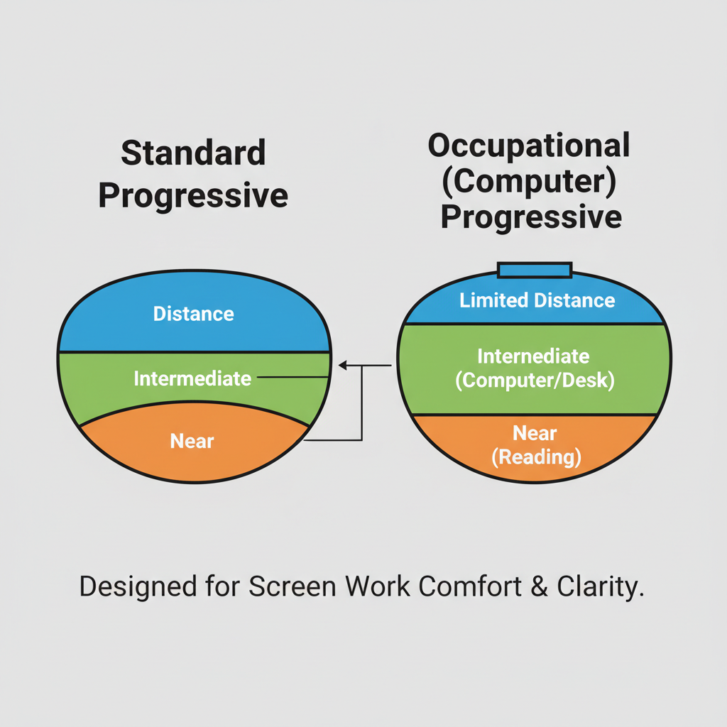 A diagram comparing the viewing zones of a standard progressive lens and an occupational (computer) progressive lens. The standard lens has a small intermediate zone, while the computer lens has a very large intermediate zone that takes up most of the lens, with a smaller distance area at the top.