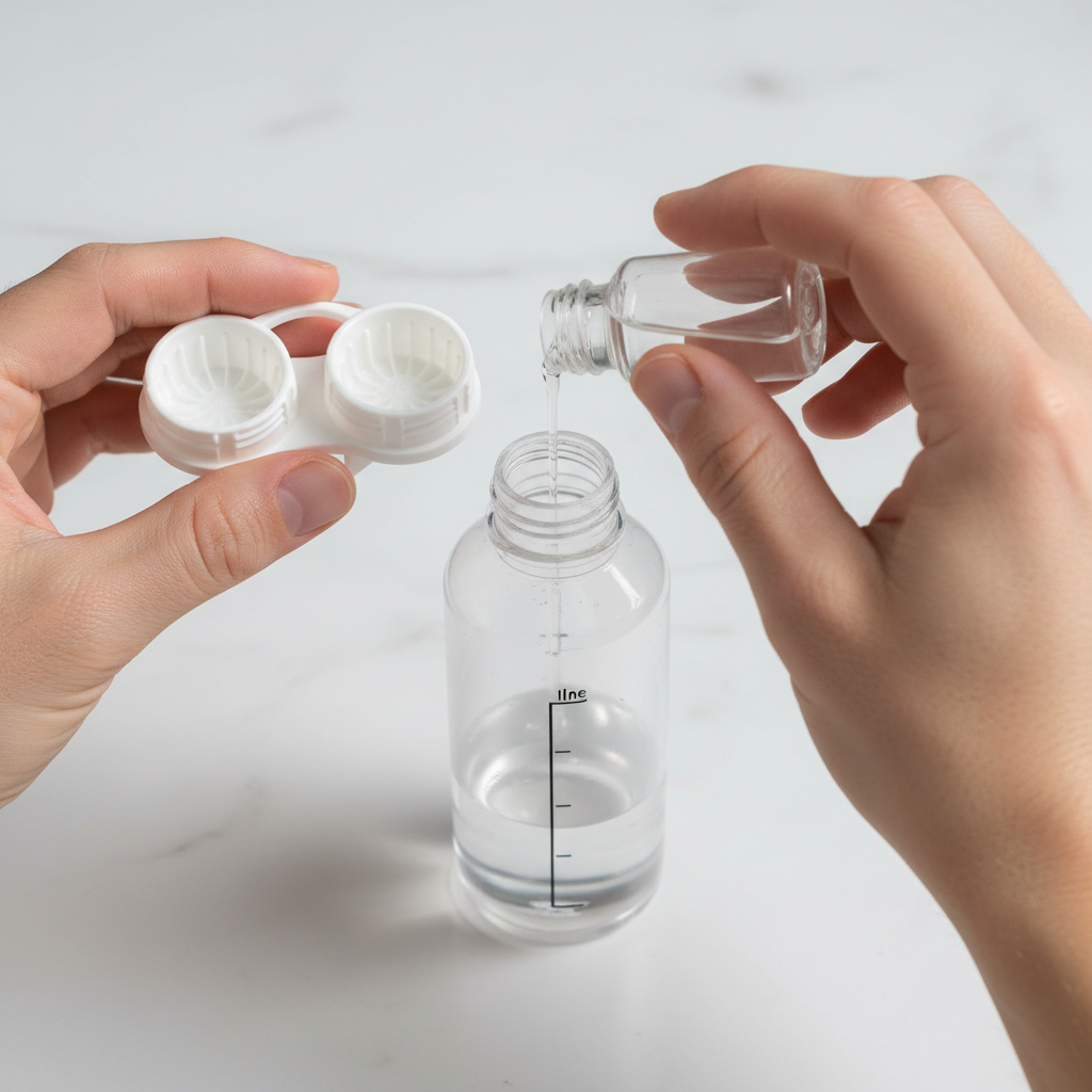 A clear, well-lit photograph showing a pair of clean hands correctly holding a contact lens basket over the special peroxide case. The fill line on the case is clearly visible as solution is being poured.