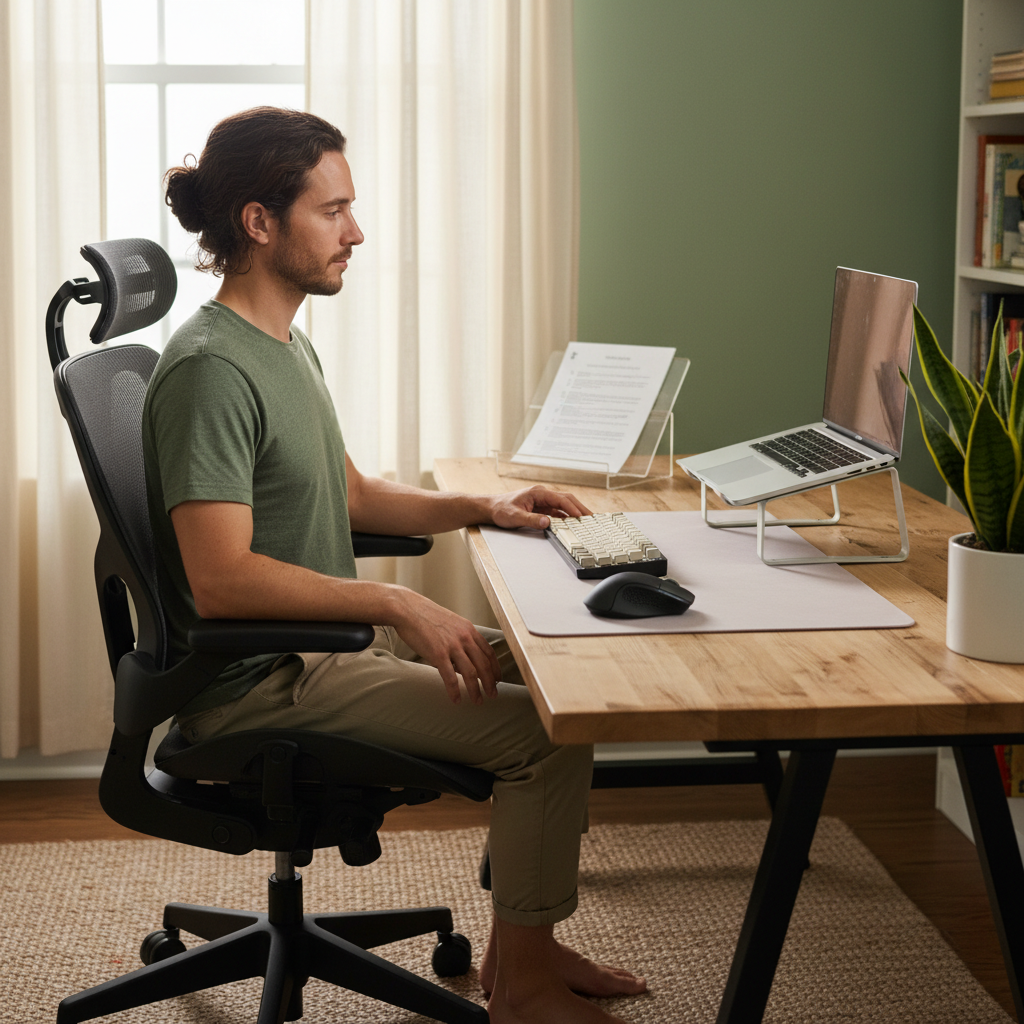 A photorealistic image of an ideal ergonomic home office. A person sits with perfect posture in an ergonomic chair, using a laptop on a stand with an external keyboard and mouse. A document holder is next to the laptop, and the desk is neat with a plant and good lighting.