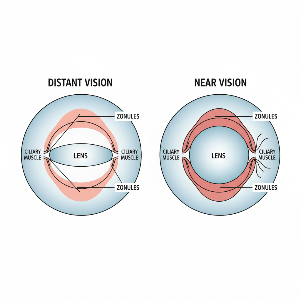 A medical diagram illustrating how the eye's lens changes shape to focus on near and far objects, explaining the mechanism of accommodation.