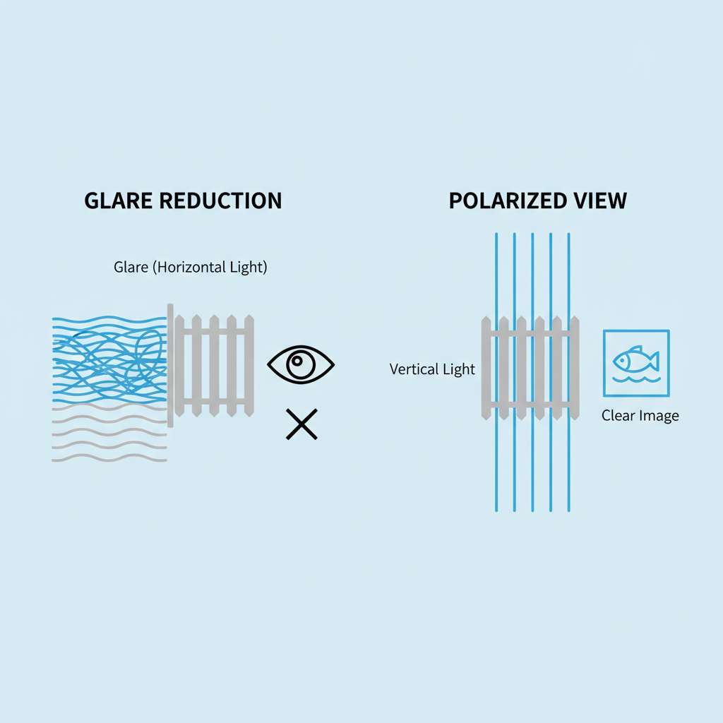 An infographic illustrating how polarized lenses work, comparing them to a picket fence that blocks horizontal glare while allowing vertical light to pass through.