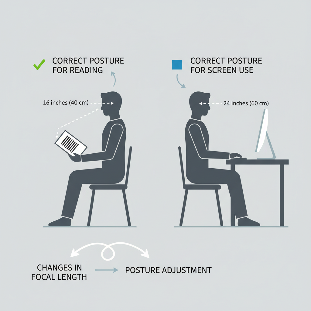 A clear diagram showing the different viewing distances and postures for a person reading a book versus using a computer.