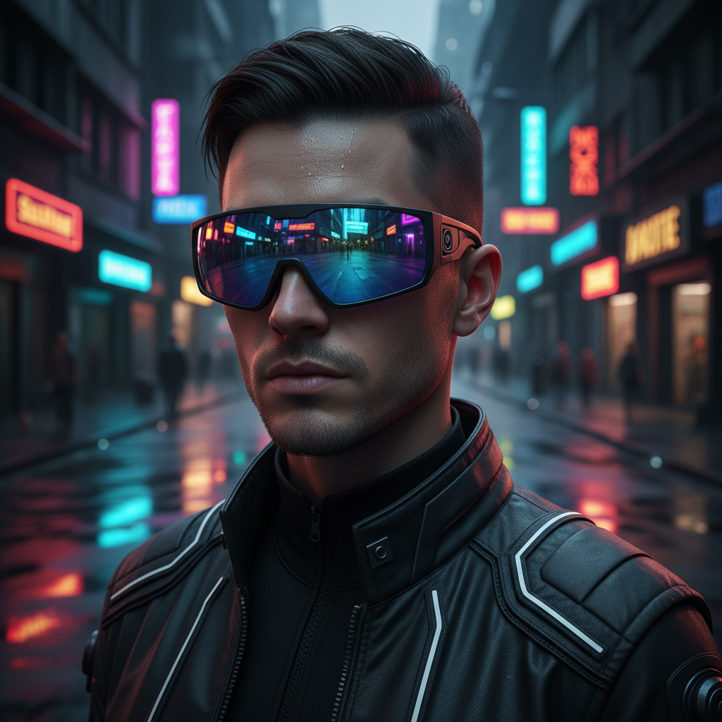 A young person with an edgy haircut wearing futuristic, geometric-angled sunglasses. They are standing against a dynamic backdrop of neon-lit signs in a city at dusk, creating a cool, cyberpunk-inspired mood.