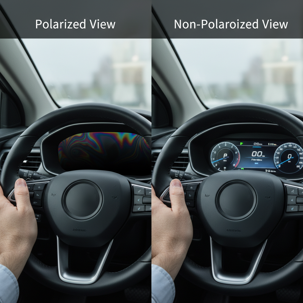 Comparison showing how polarized sunglasses can make LCD screens like a car dashboard difficult to read.