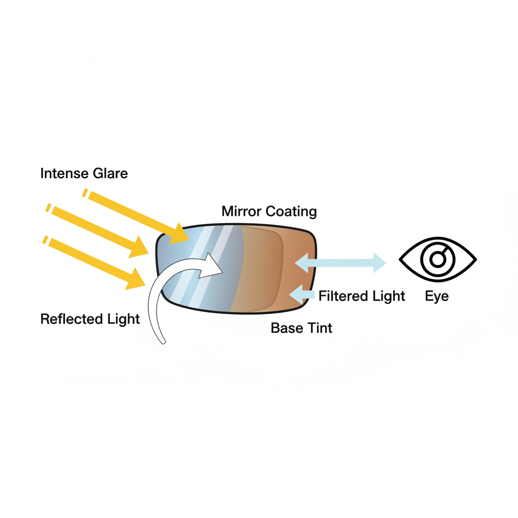 A diagram illustrating how a mirror-coated sunglass lens reflects intense sunlight away while allowing a controlled amount of light to pass through to the eye.