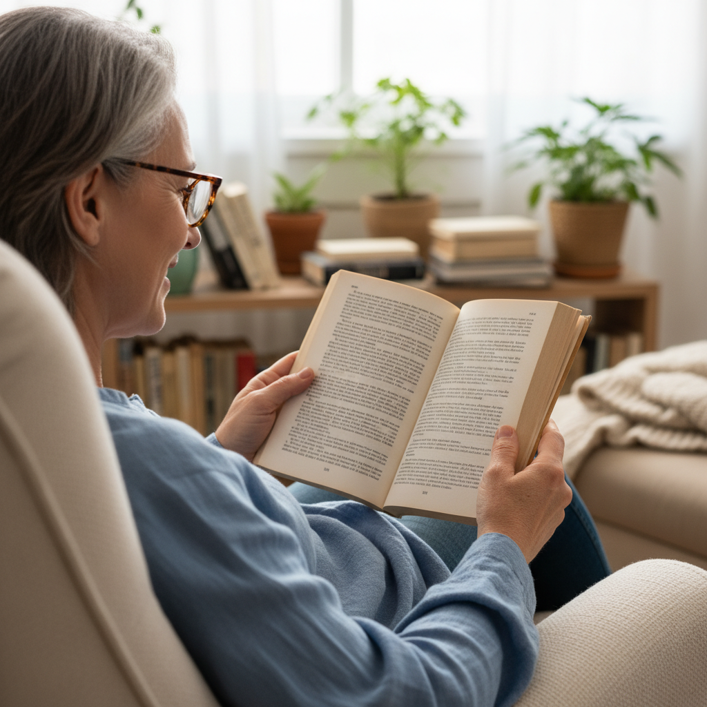 A person in their late 40s wearing stylish reading glasses, sitting comfortably in a well-lit armchair and reading a book with a relaxed expression.