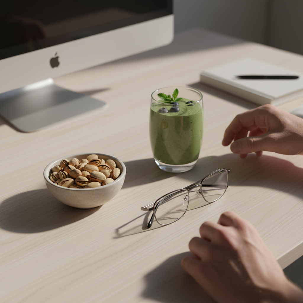 A professional workspace featuring a healthy green smoothie, a bowl of pistachios, and a pair of clear-lens glasses, symbolizing the synergy between diet and eyewear.