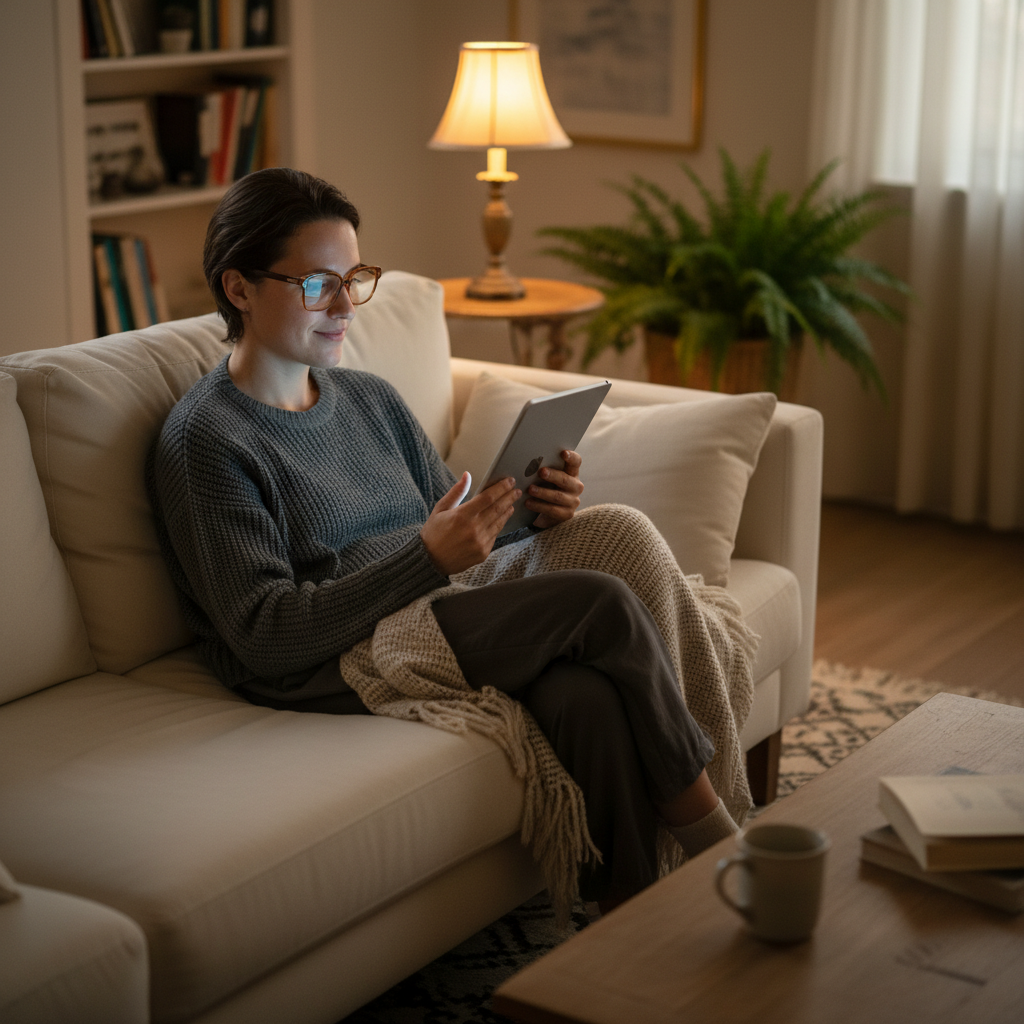 A person wearing amber-tinted glasses while reading on a tablet in a cozy, dimly lit living room in the evening.