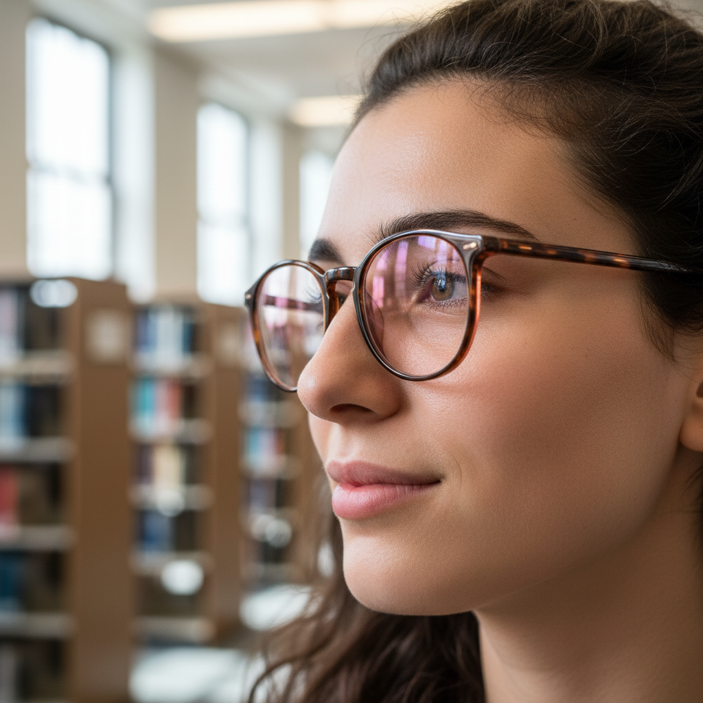 A close-up of glasses with a subtle, rosy FL-41 tint designed to filter harsh indoor lighting.