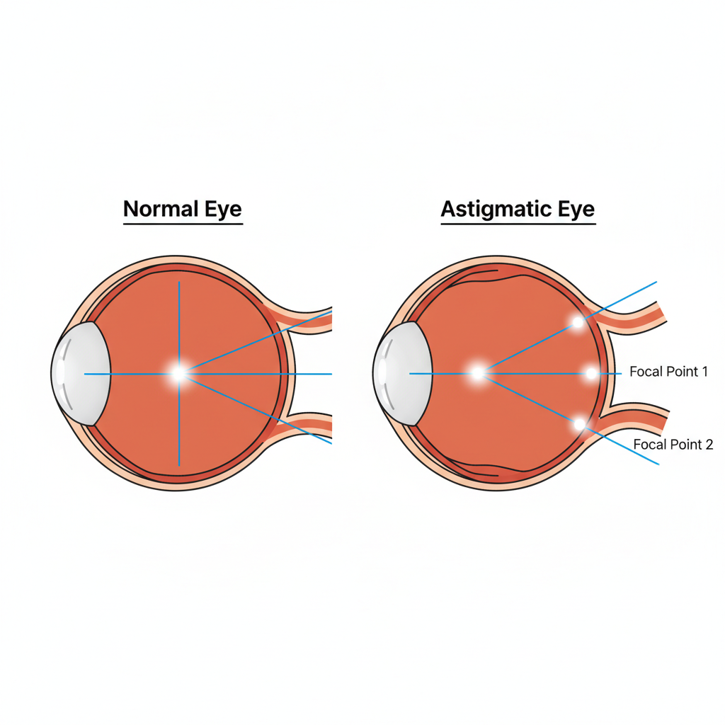 A clear medical diagram comparing the shape of a normal, spherical cornea to an irregularly shaped astigmatic cornea, showing how light focuses on two points in the astigmatic eye, causing blur.