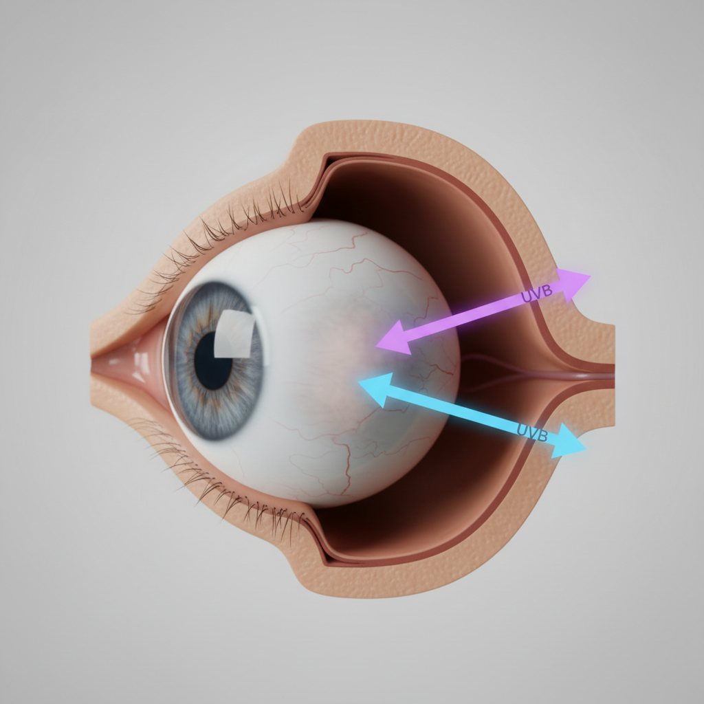 Diagram showing how UV radiation damages different parts of the eye, including the cornea, lens, and retina.