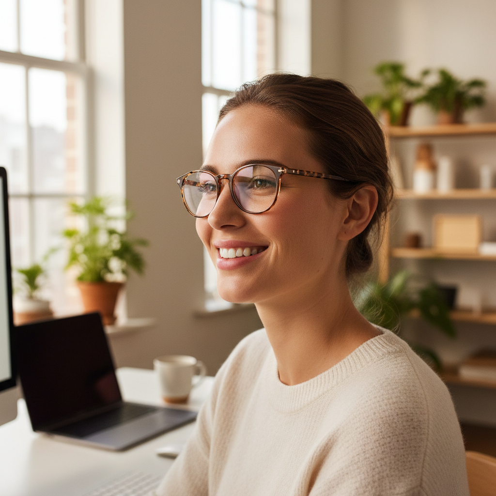 A happy, smiling person wearing stylish prescription glasses while working in a comfortable home office.