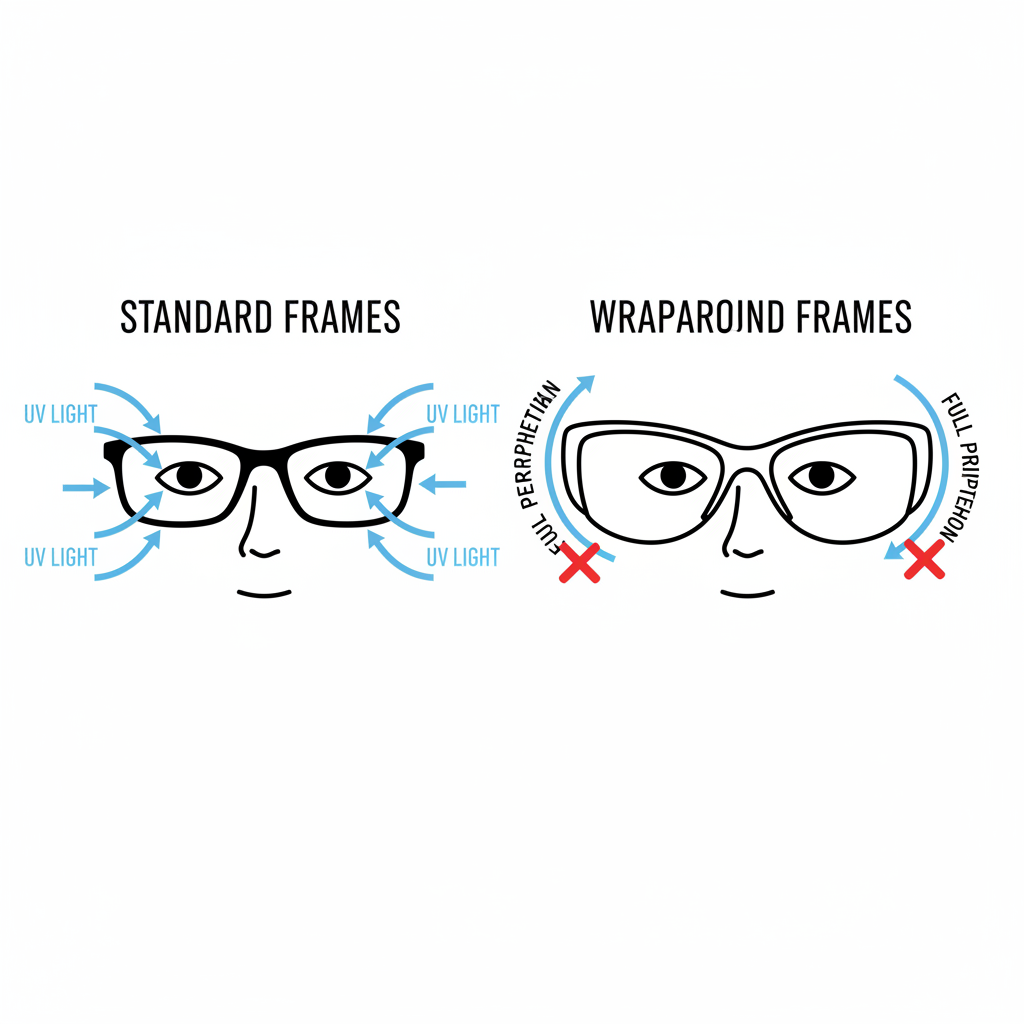 Diagram showing how wraparound sunglasses block peripheral UV light while standard frames allow it to enter from the sides and top.