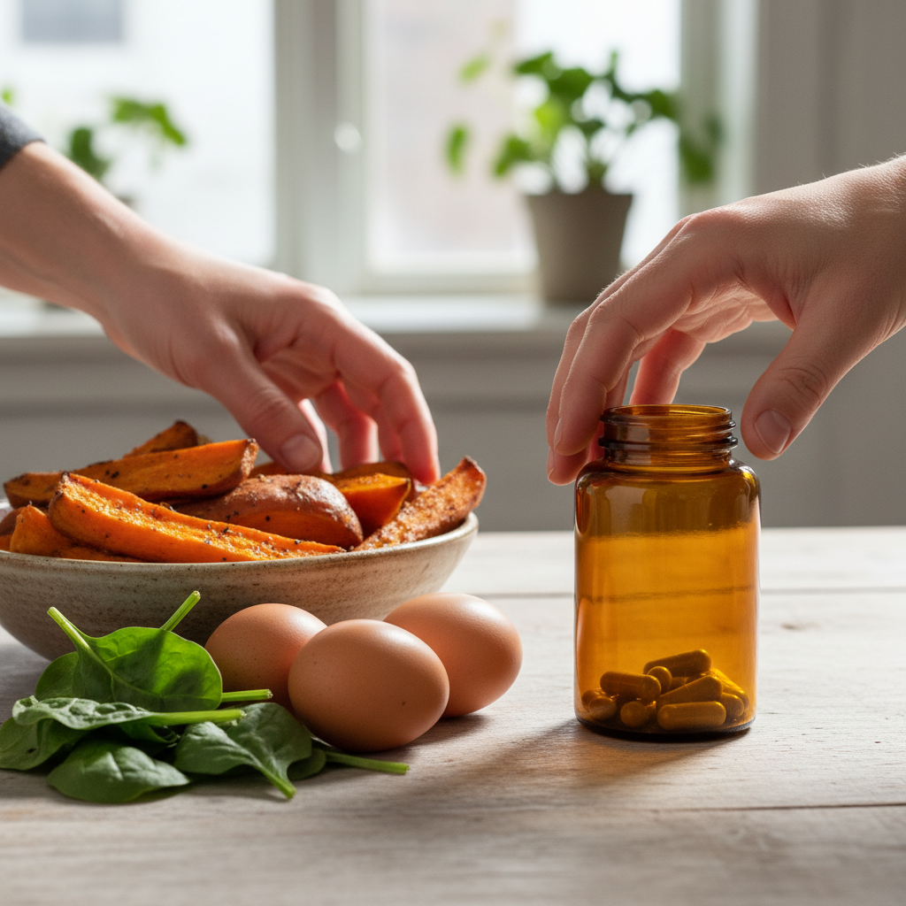 A comparison of nutrient-dense whole foods like sweet potatoes, liver, and spinach next to a generic, unlabeled vitamin bottle.