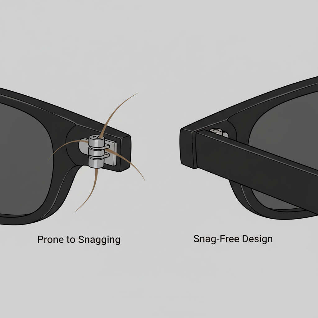 A diagram comparing a traditional exposed barrel hinge that snags hair with a modern, seamless integrated hinge.