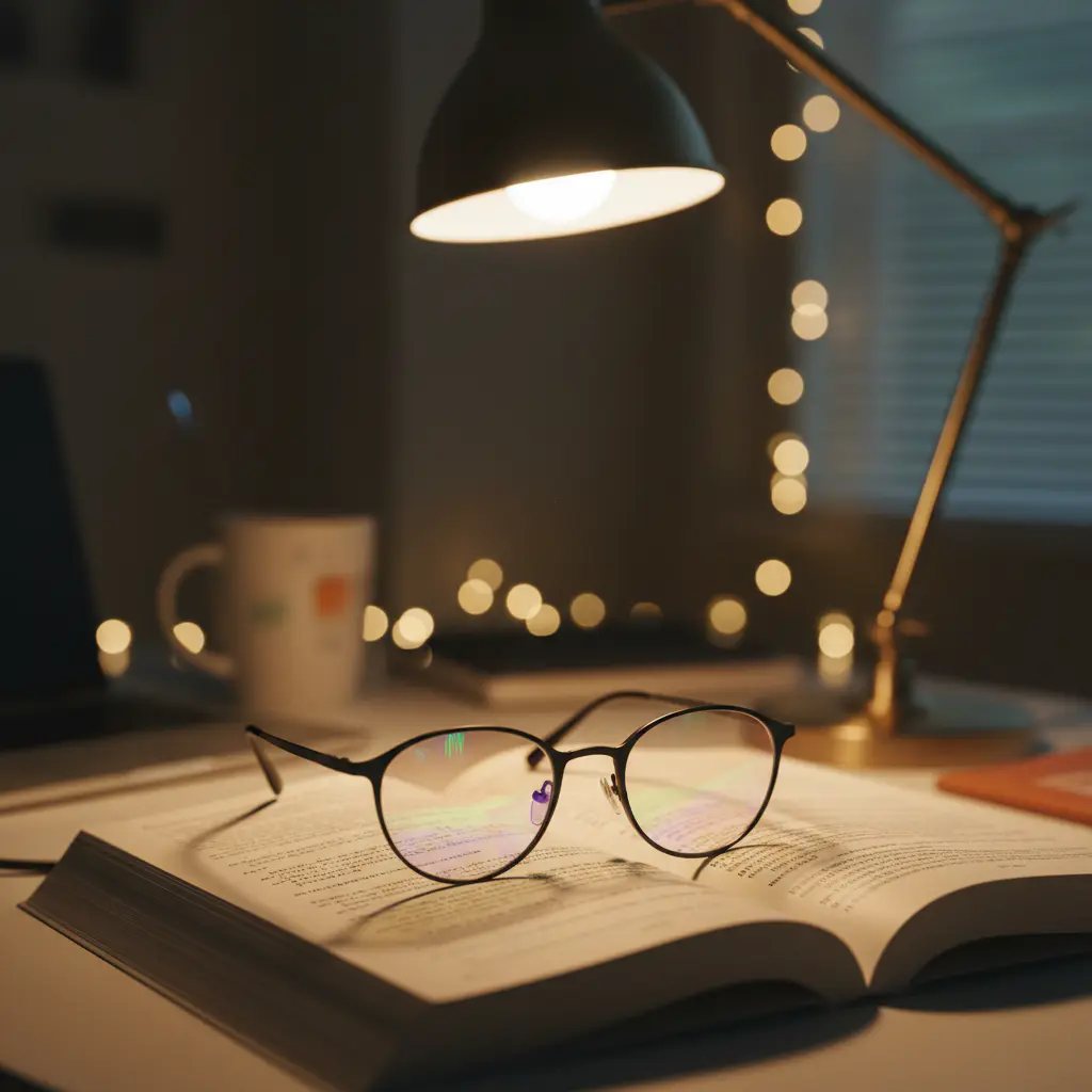 A close-up, artistic shot of a pair of stylish eyeglasses resting on an open textbook. The lens shows a faint, colorful anti-reflective coating, and the background is a softly blurred student dorm room at night, creating a studious and calm ambiance.